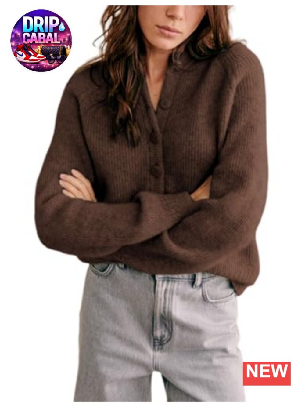 Womens Chunky Knit Button Down Open Front Cardigan Long Sleeve Crewneck Sweater